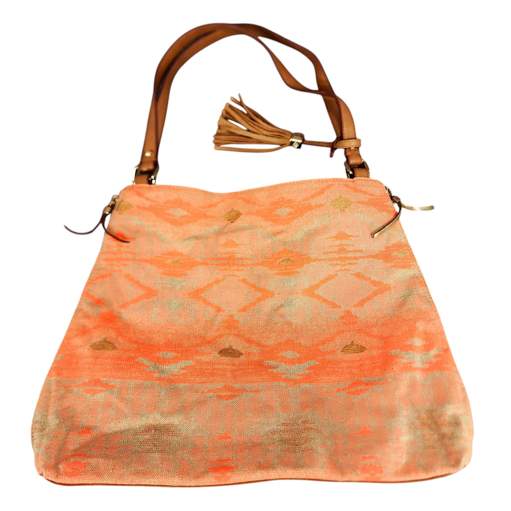 Stella & Dot Tote Bag The Switch Aztec Coral Ikat Canvas Orange Gold Expandable